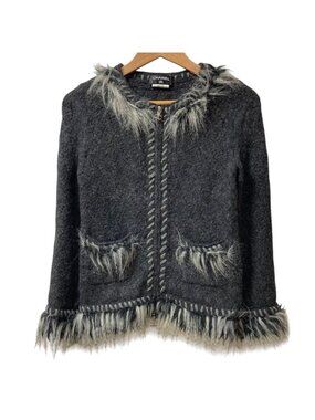 Chanel Alpaca Cashmere Zip Up Knit Jacket 36 Dark Gray White